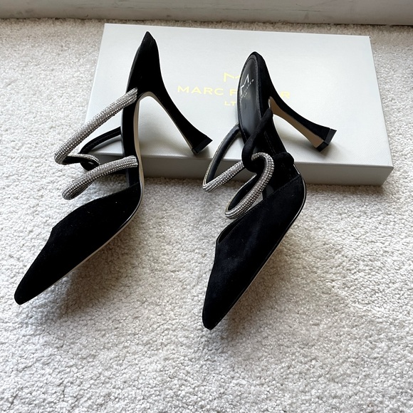 NWT Marc Fisher Black Suede Mules w/ Glam Straps, Sz 7.5 on Box (Fits Like a 7) - Picture 3 of 9